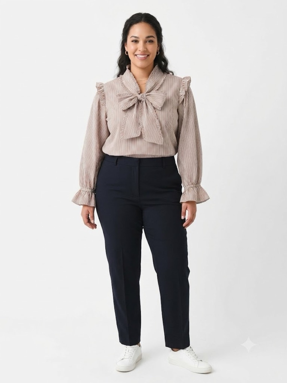 Elizabeth Wilson Designs Brown Striped Ruffle Statement Bow Blouse